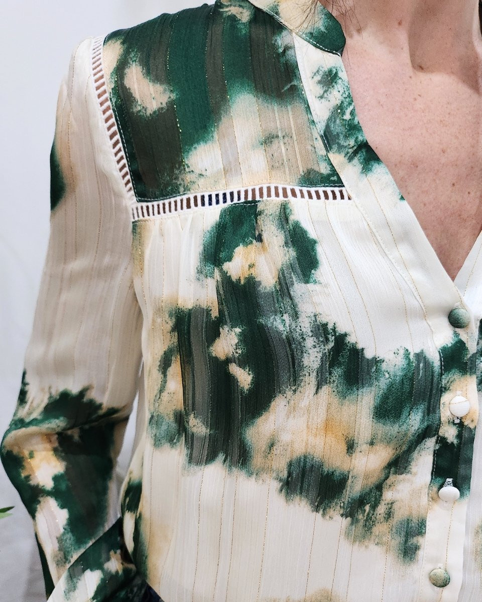 Chemisier femme vert et écru liseré doré Léonce