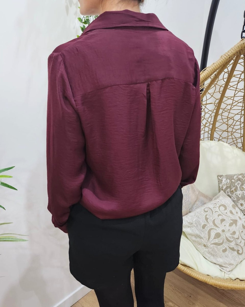 Chemisier femme satiné uni rouge bordeaux