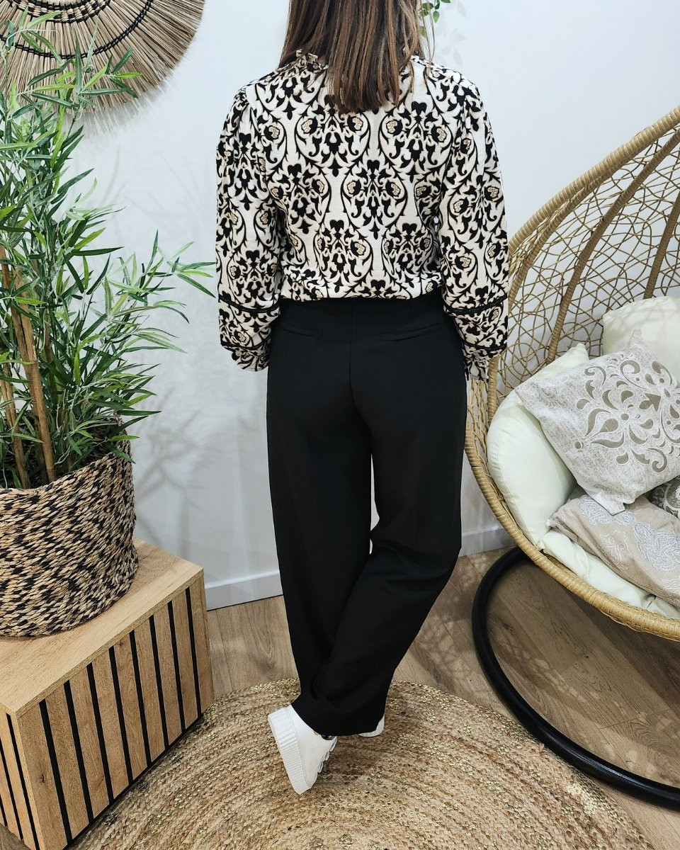 Chemisier femme beige fleuri noir et taupe Eliora