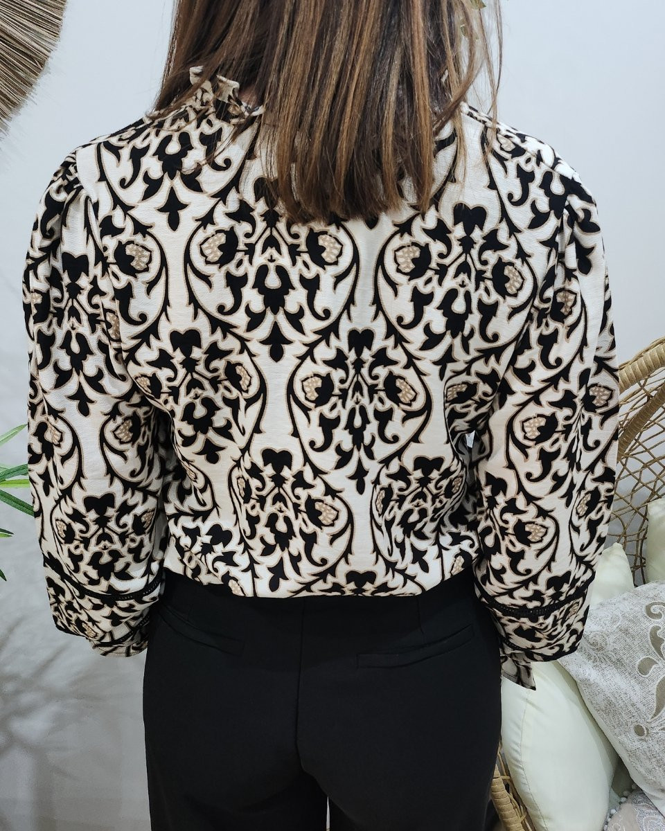 Chemisier femme beige fleuri noir et taupe Eliora