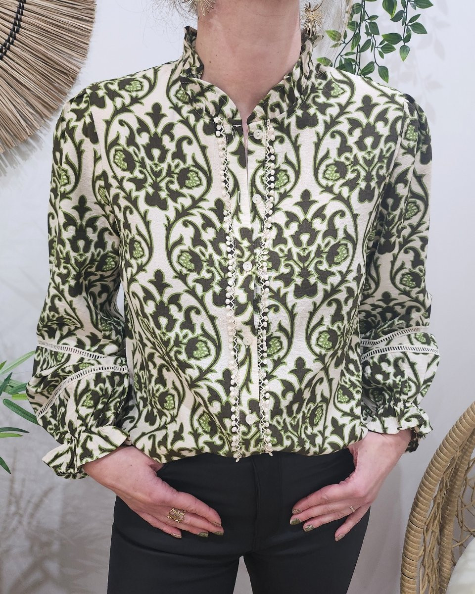 Chemisier femme beige fleuri kaki et vert Eliora