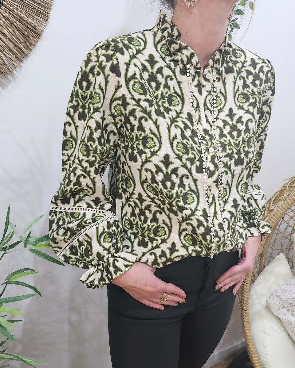 Chemisier femme beige fleuri kaki et vert Eliora