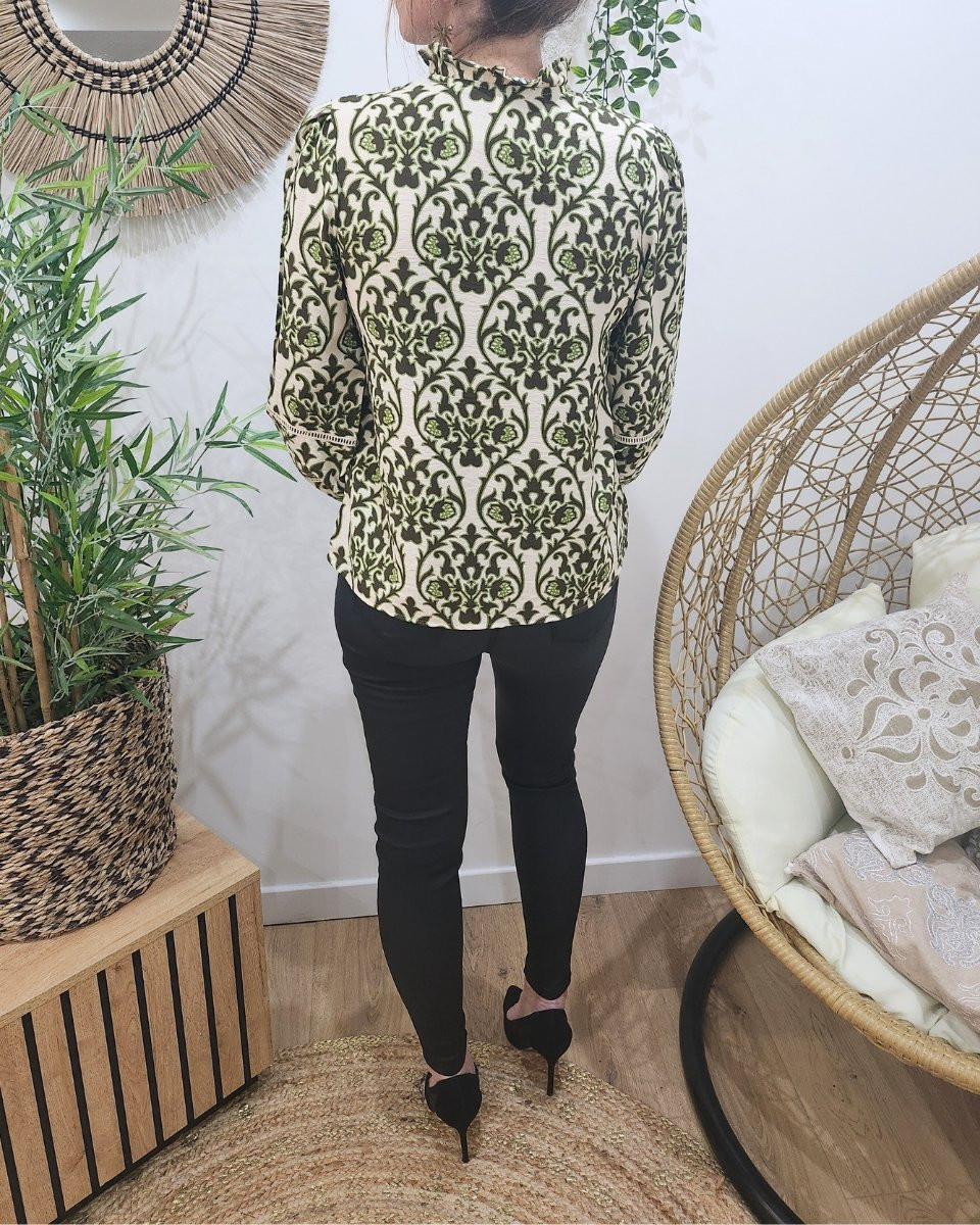 Chemisier femme beige fleuri kaki et vert Eliora