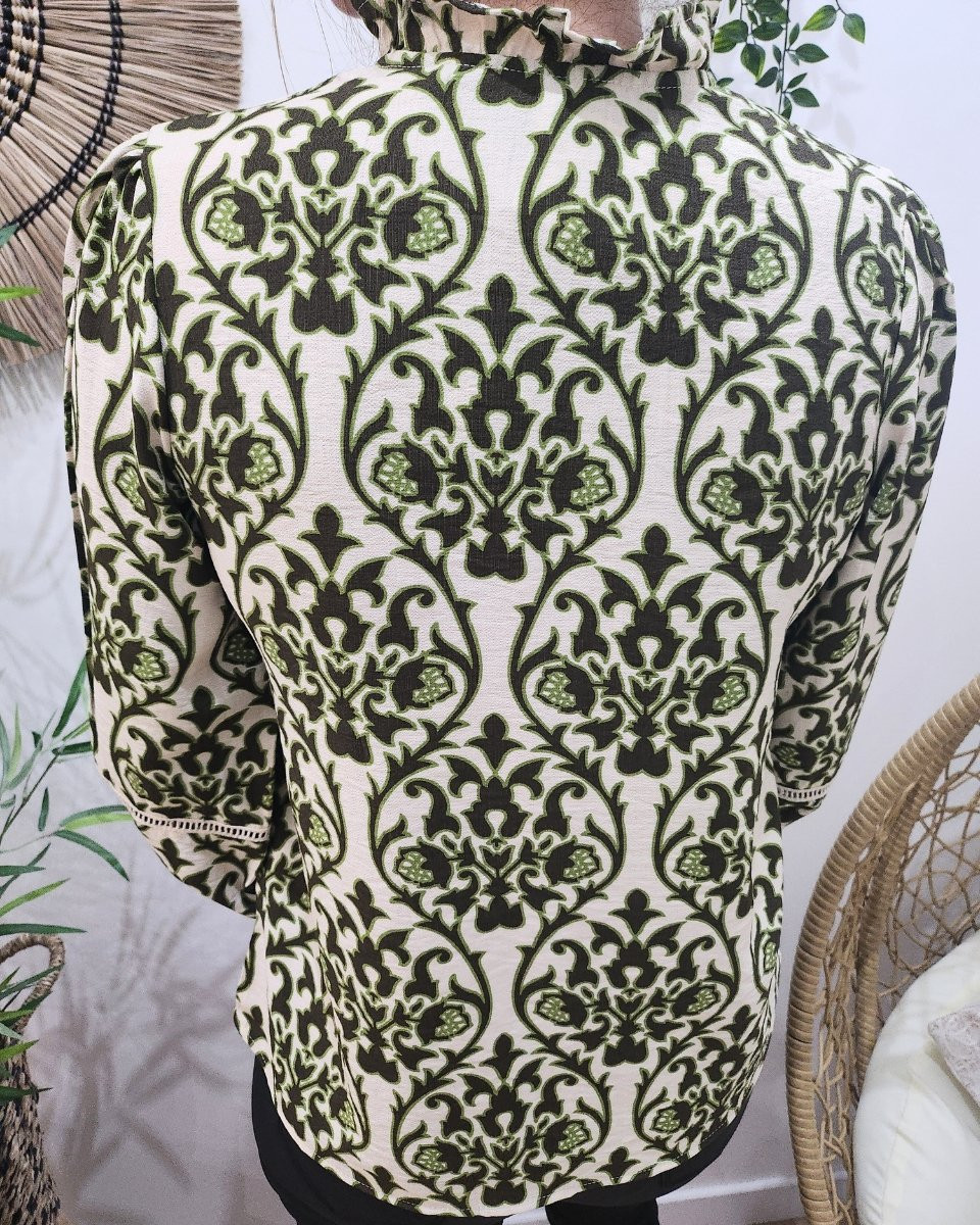 Chemisier femme beige fleuri kaki et vert Eliora