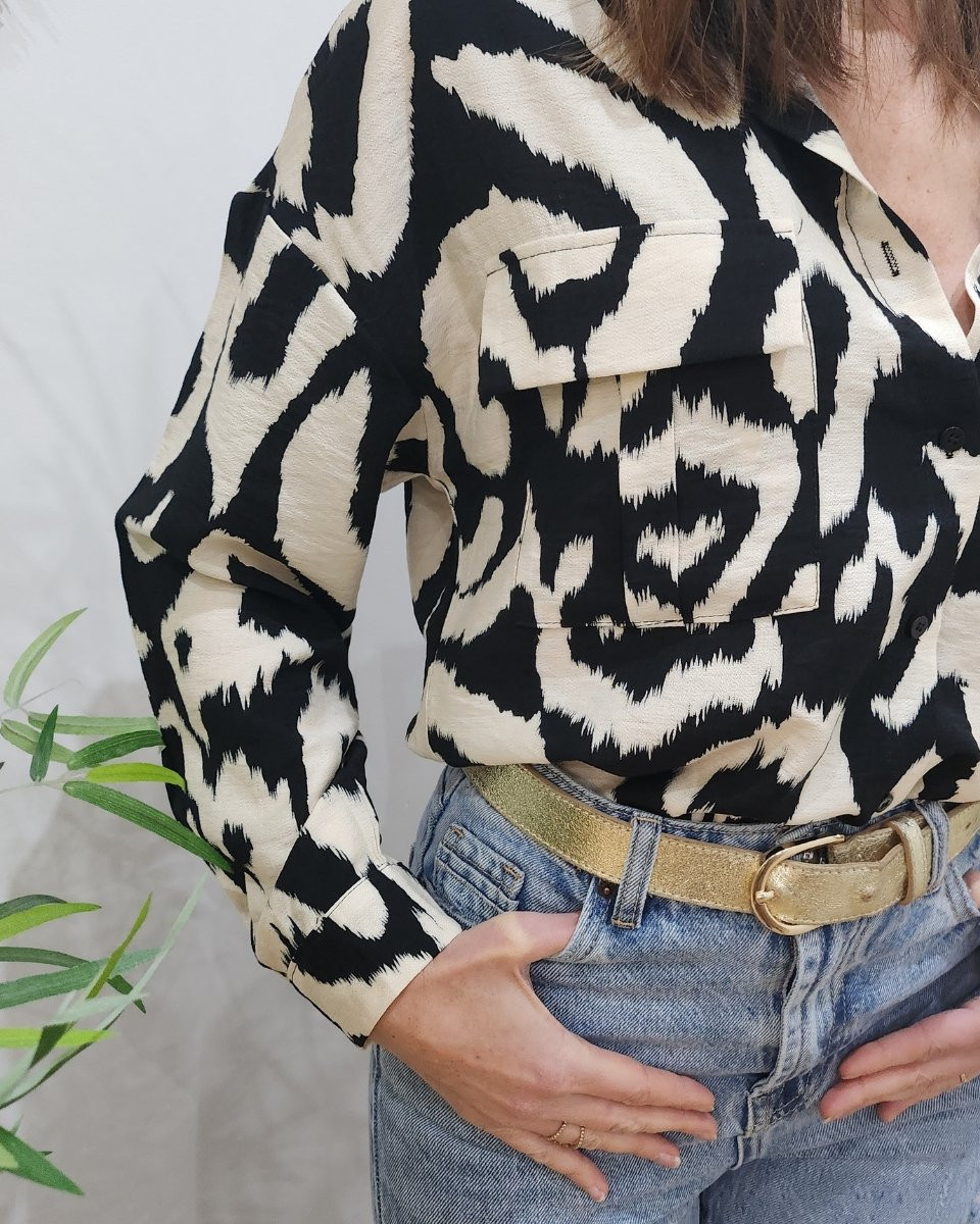 Chemisier femme écru et noir à poches