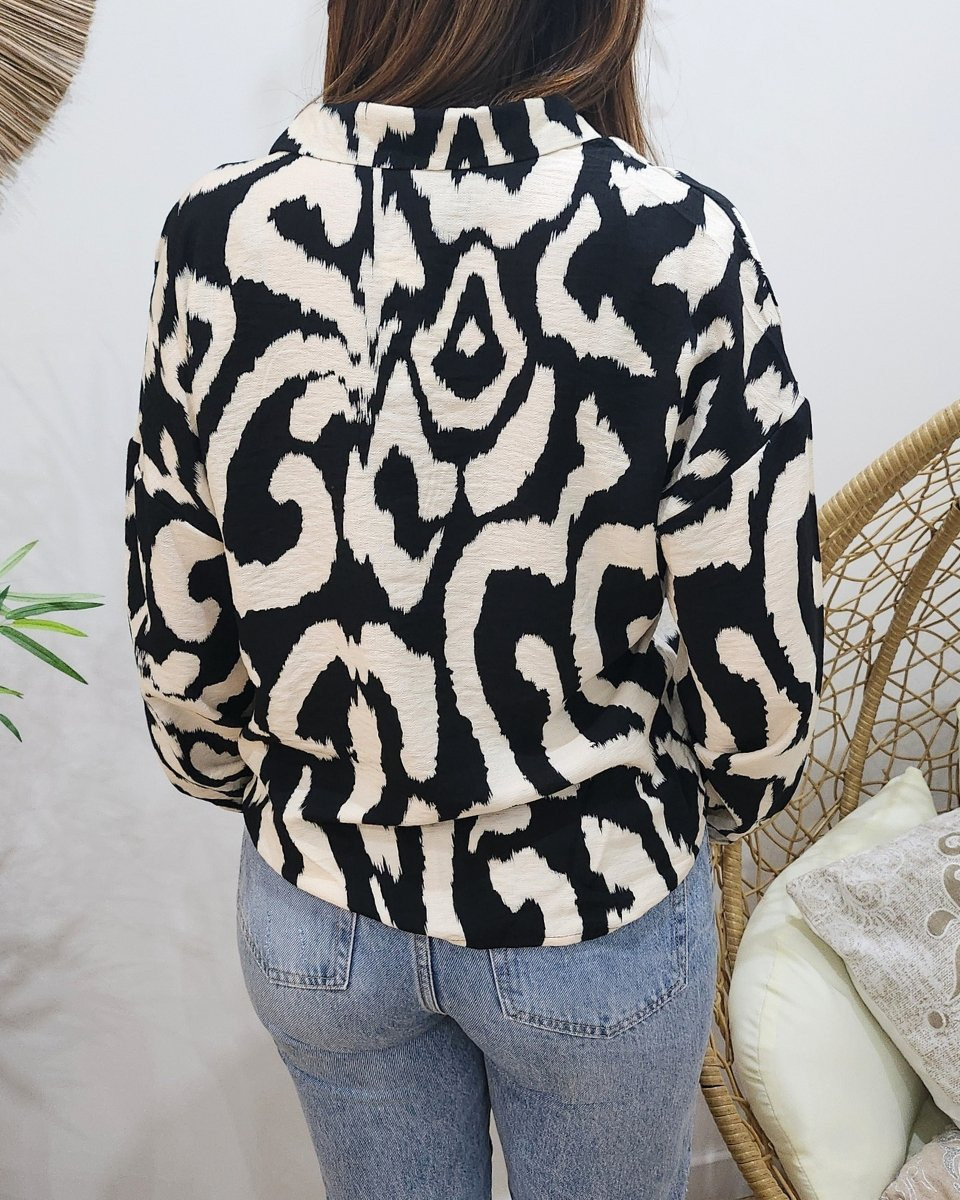 Chemisier femme écru et noir à poches