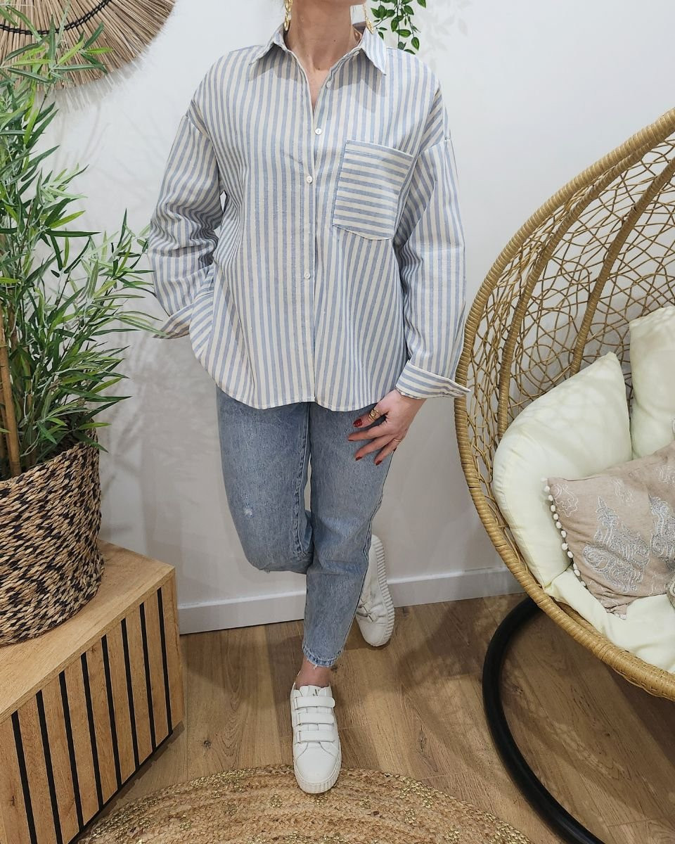 Chemisier femme rayé bleu liseré doré