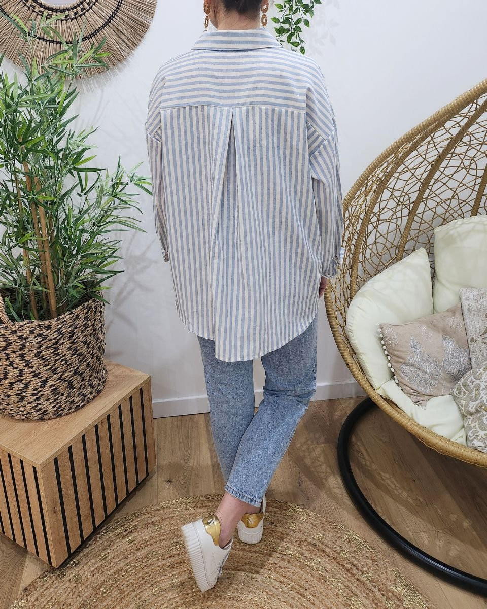 Chemisier femme rayé bleu liseré doré
