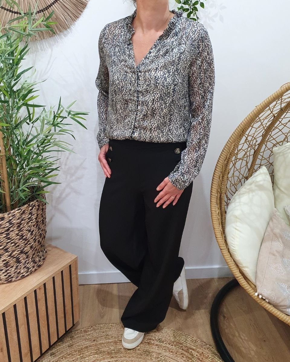 Chemisier femme à motifs verts bleus liseré doré Akiko