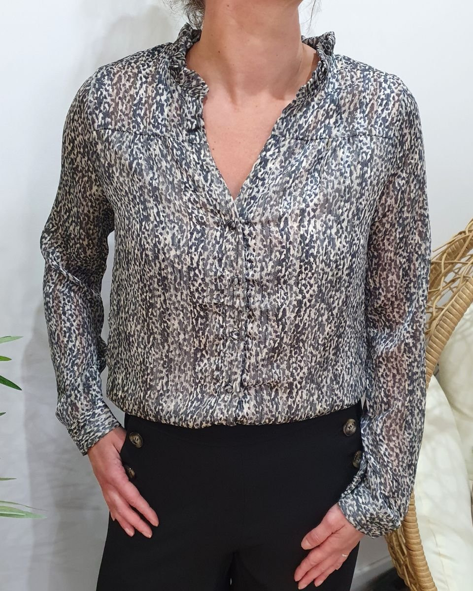 Chemisier femme à motifs verts bleus liseré doré Akiko