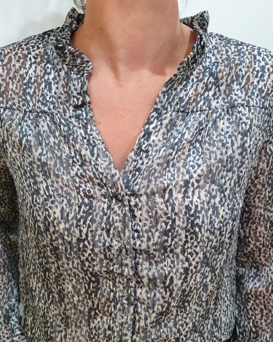 Chemisier femme à motifs verts bleus liseré doré Akiko