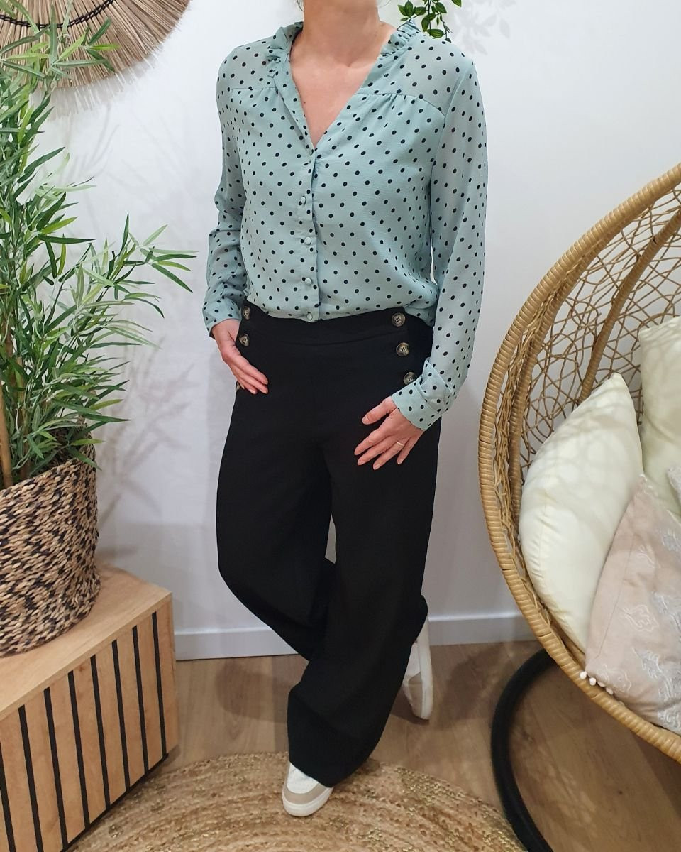 Chemisier femme vert agate à pois noirs