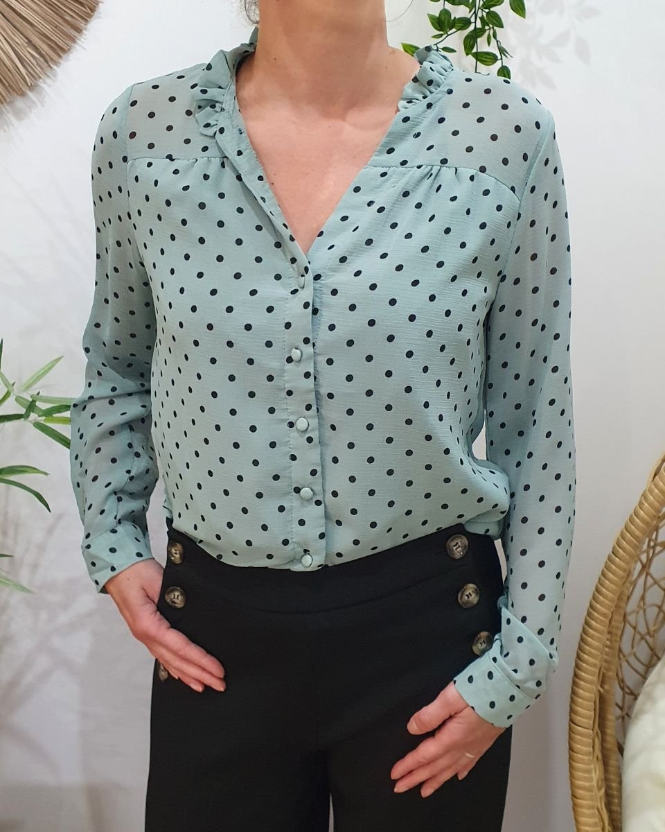 Chemisier femme vert agate à pois noirs