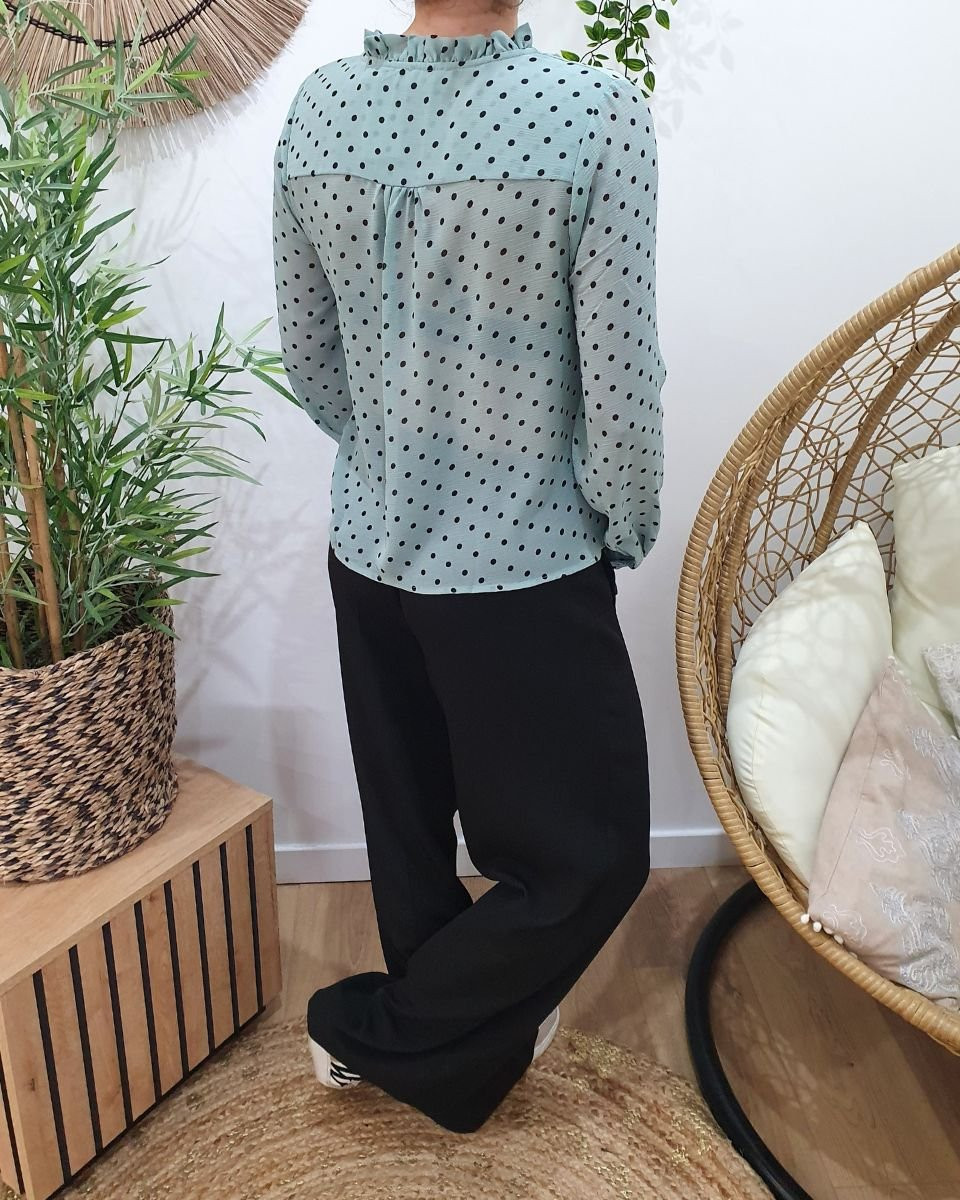 Chemisier femme vert agate à pois noirs