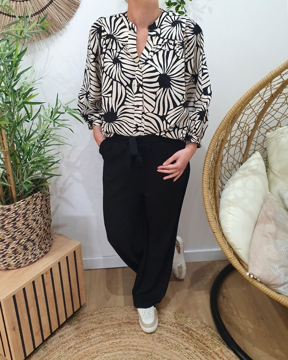 Pantalon femme fluide noir poches froncées