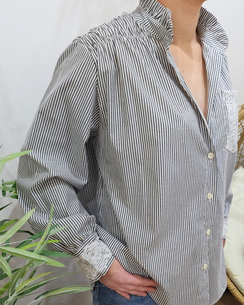 Chemisier femme à rayures poche dentelle