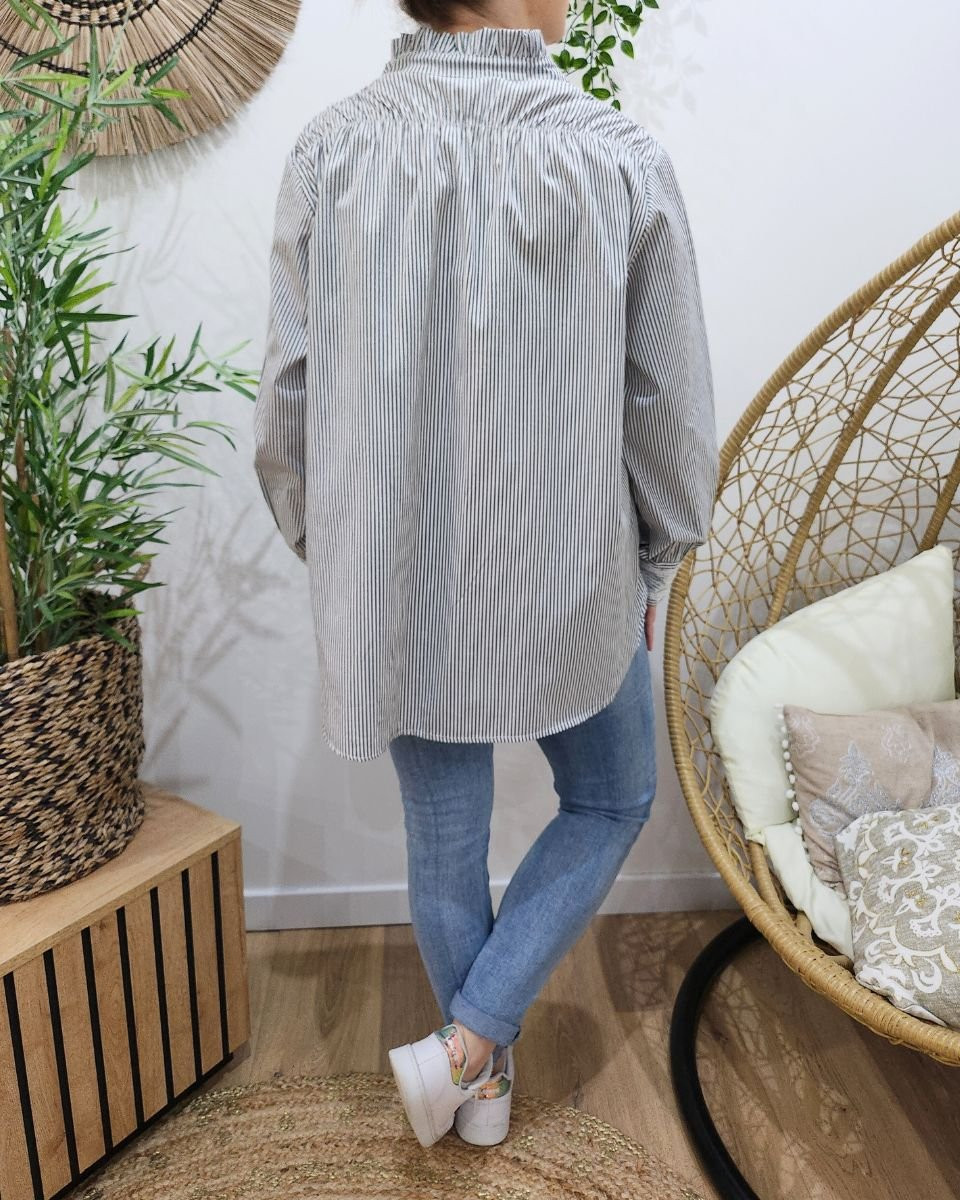 Chemisier femme à rayures poche dentelle