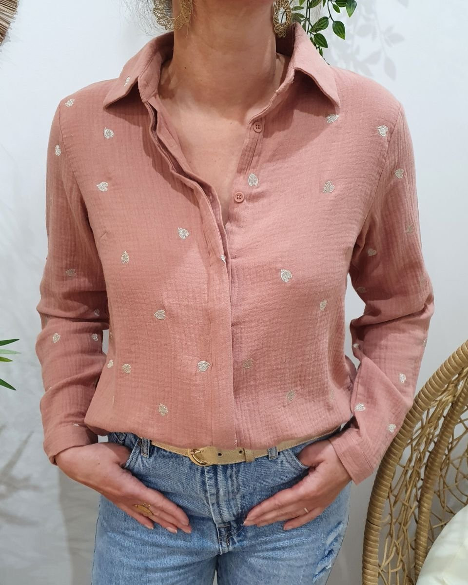 Chemisier coton gaz vieux rose coeurs dorés