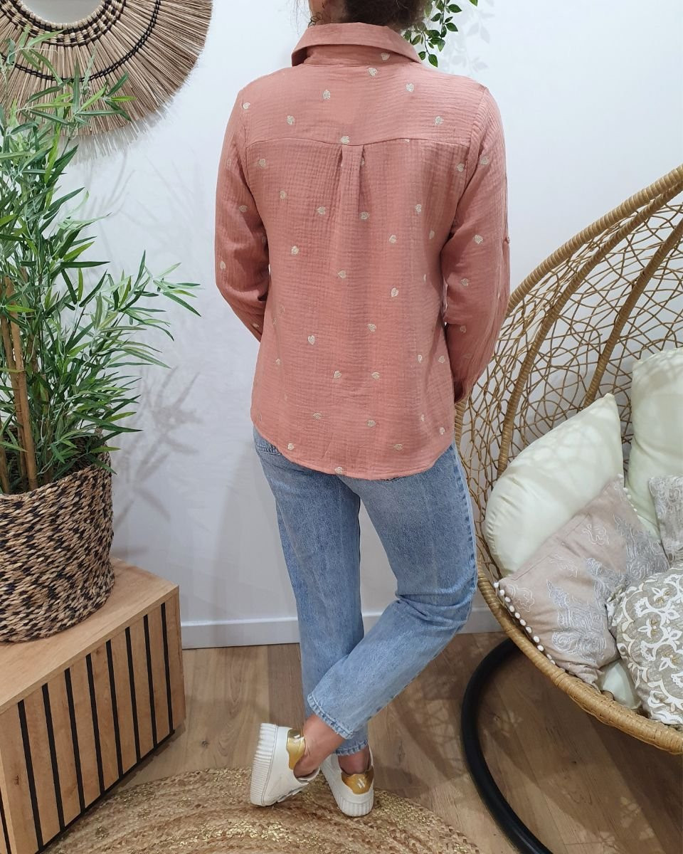 Chemisier coton gaz vieux rose coeurs dorés