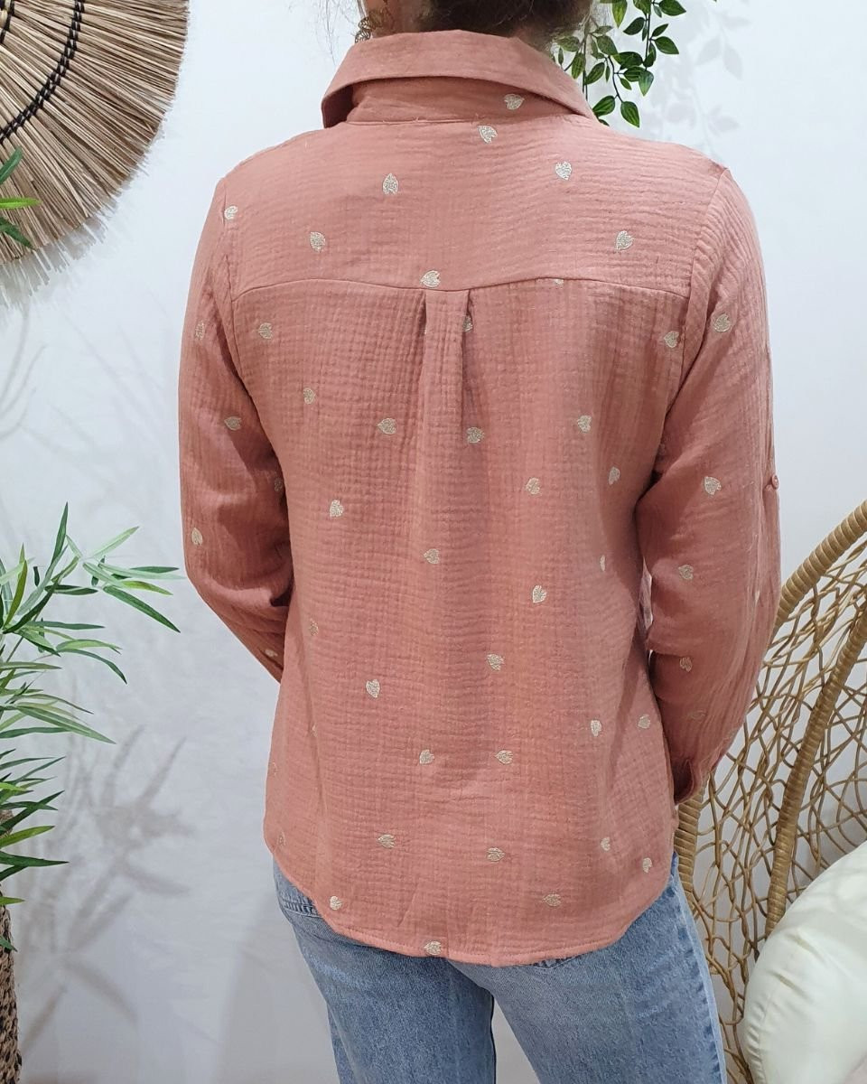 Chemisier coton gaz vieux rose coeurs dorés