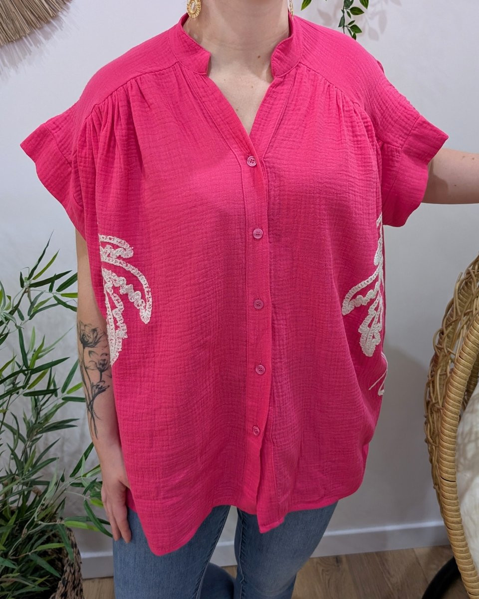 Chemisier femme oversize coton gaze broderies palmiers