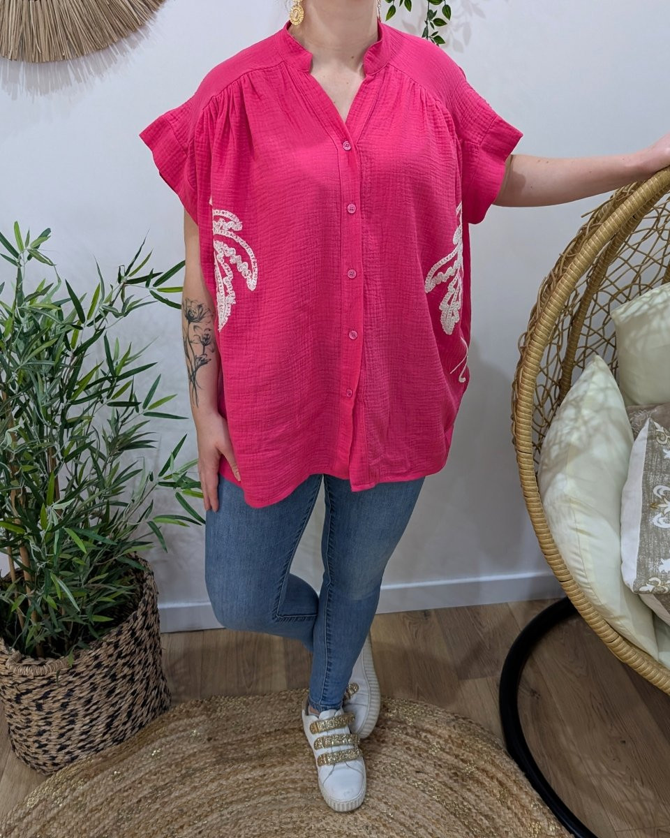 Chemisier femme oversize coton gaze broderies palmiers