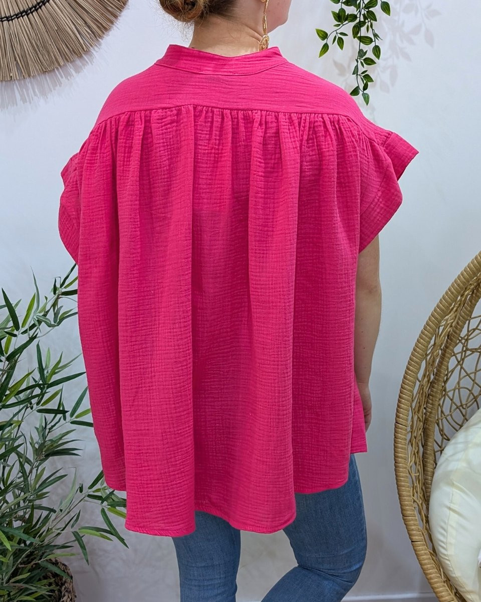 Chemisier femme oversize coton gaze broderies palmiers