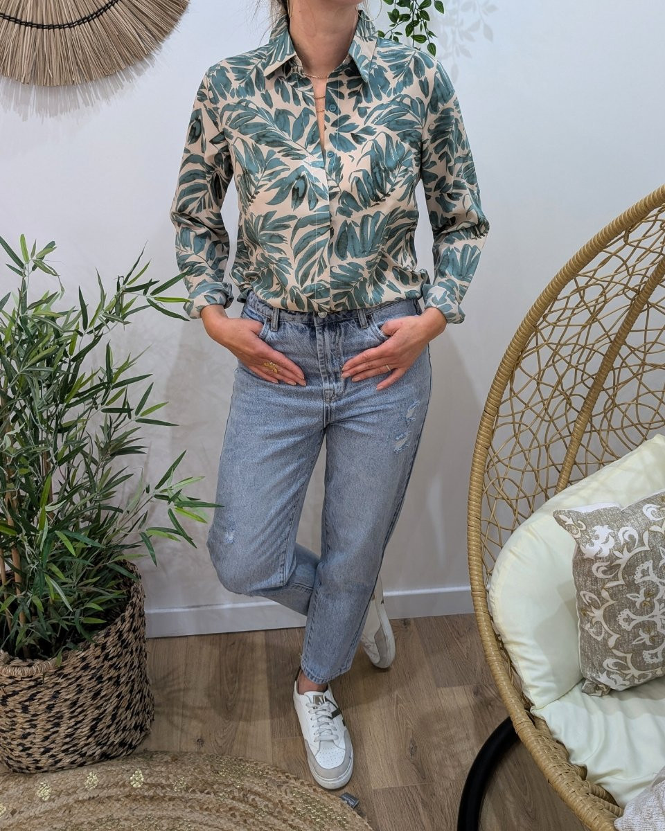Chemisier femme beige feuillages verts