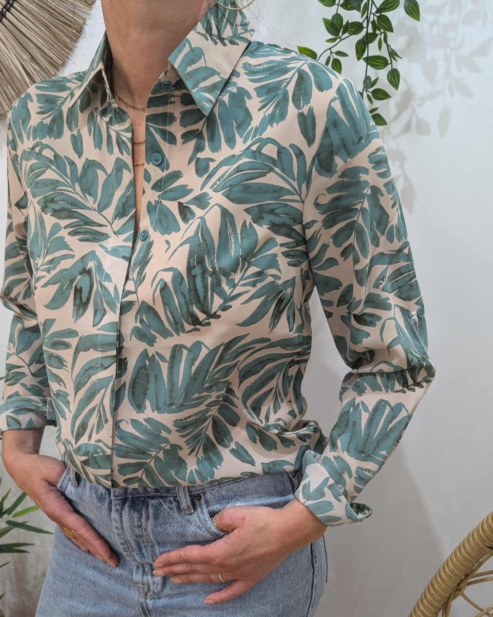 Chemisier femme beige feuillages verts