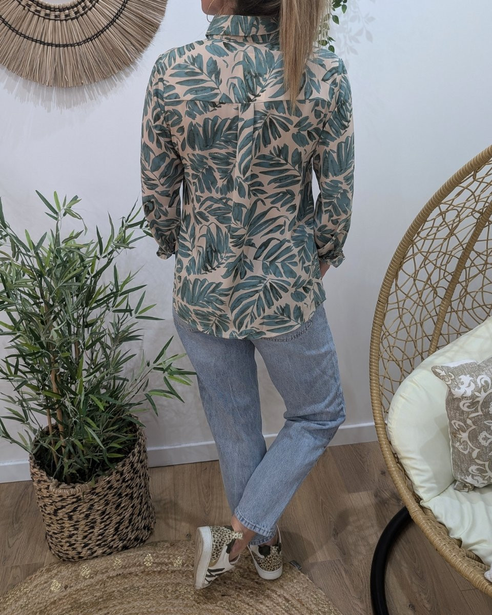 Chemisier femme beige feuillages verts