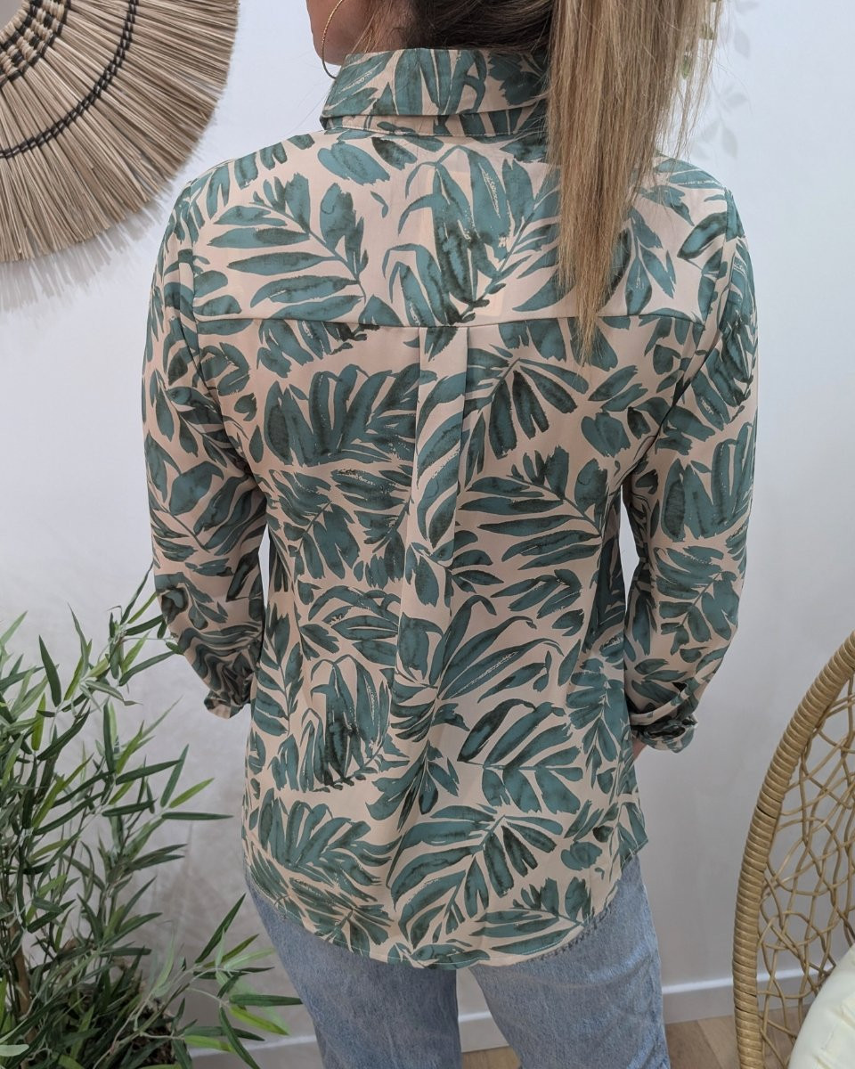 Chemisier femme beige feuillages verts