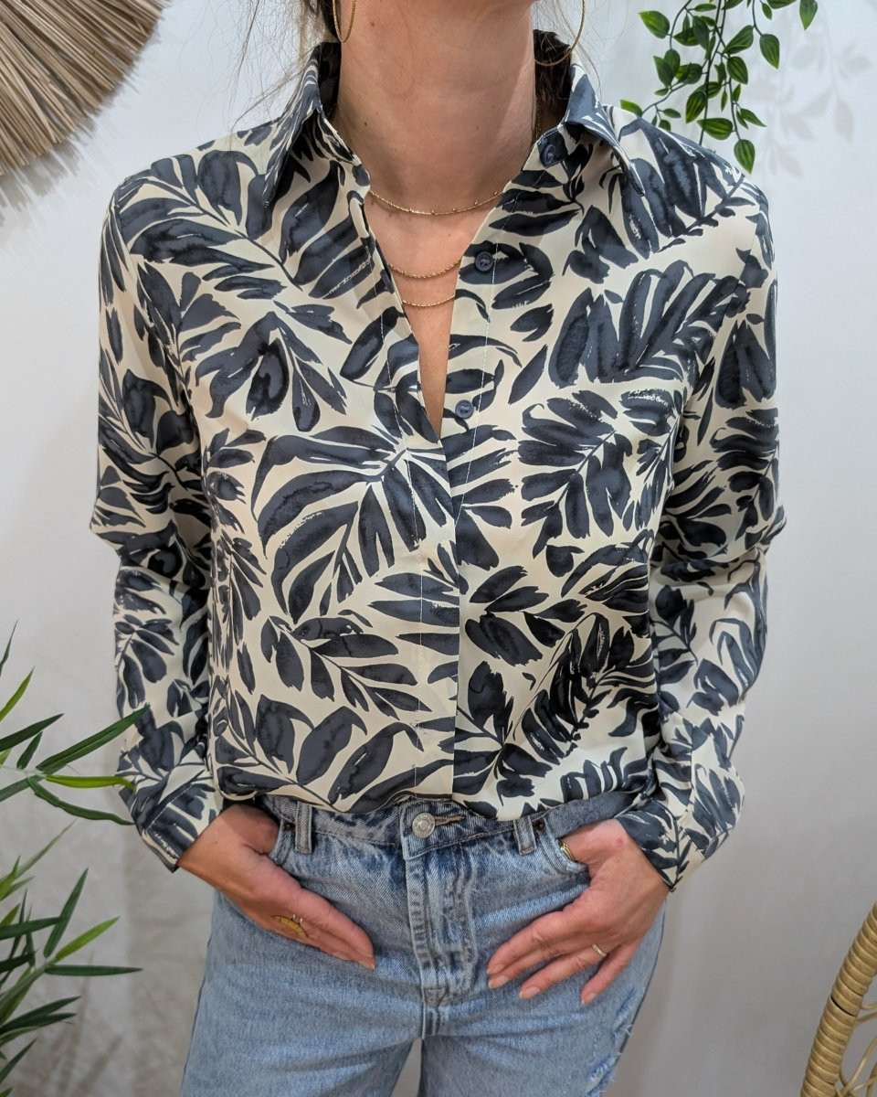 Chemisier femme écru feuillages bleus