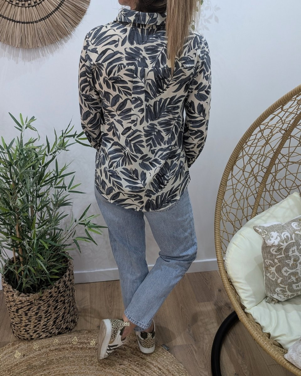 Chemisier femme écru feuillages bleus