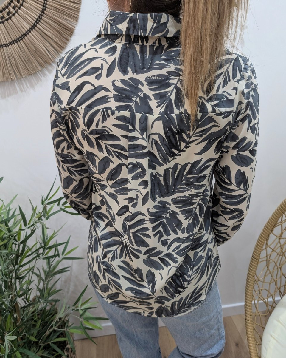 Chemisier femme écru feuillages bleus