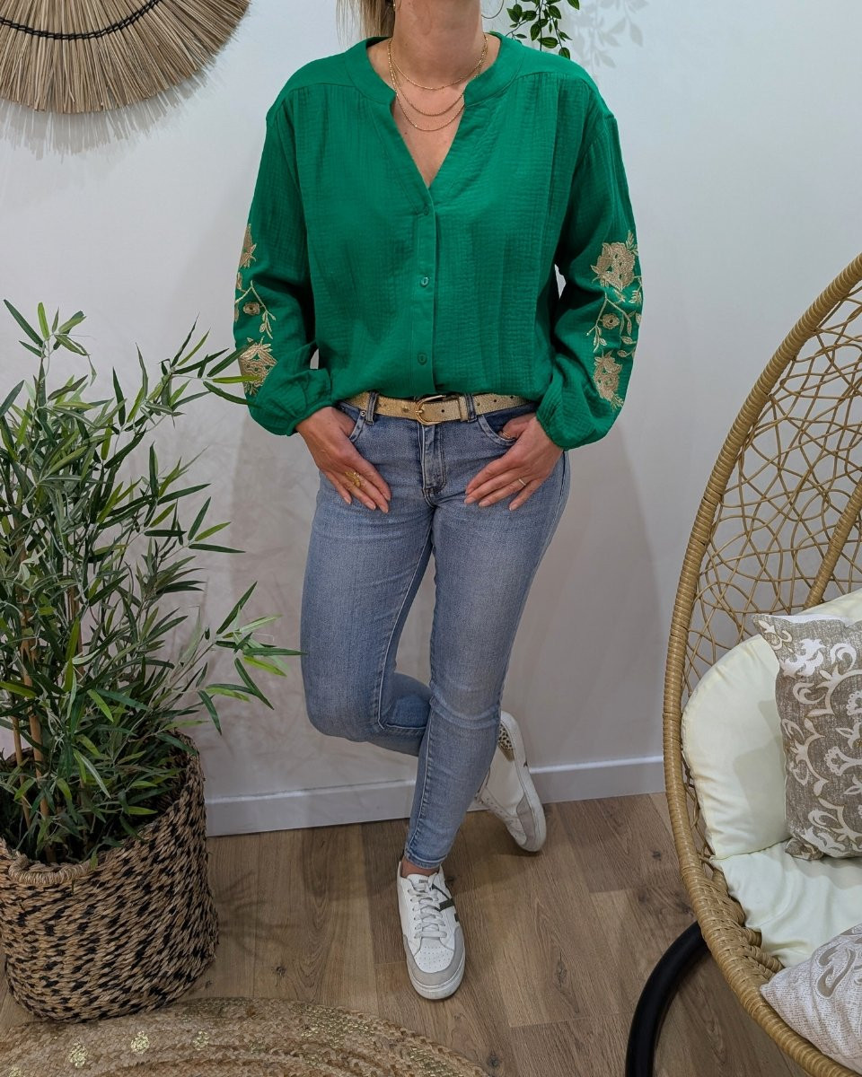 Chemisier femme vert coton gaze manches brodées fleurs dorées