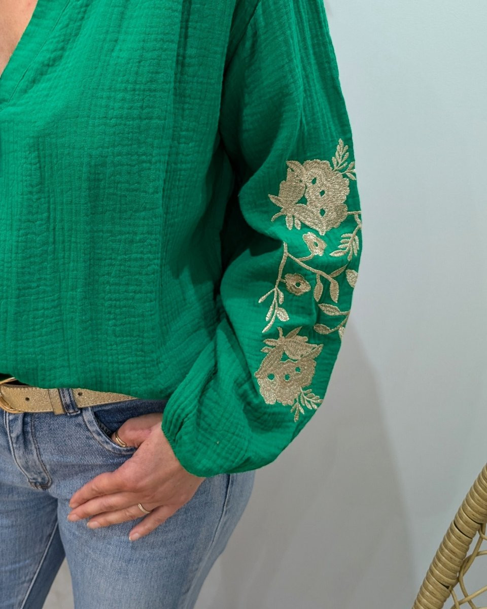 Chemisier femme vert coton gaze manches brodées fleurs dorées
