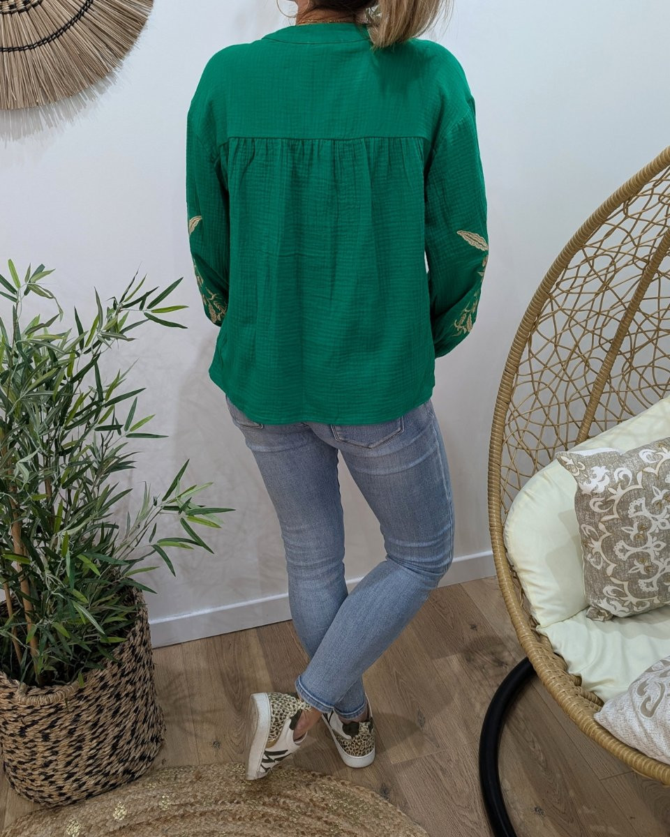 Chemisier femme vert coton gaze manches brodées fleurs dorées