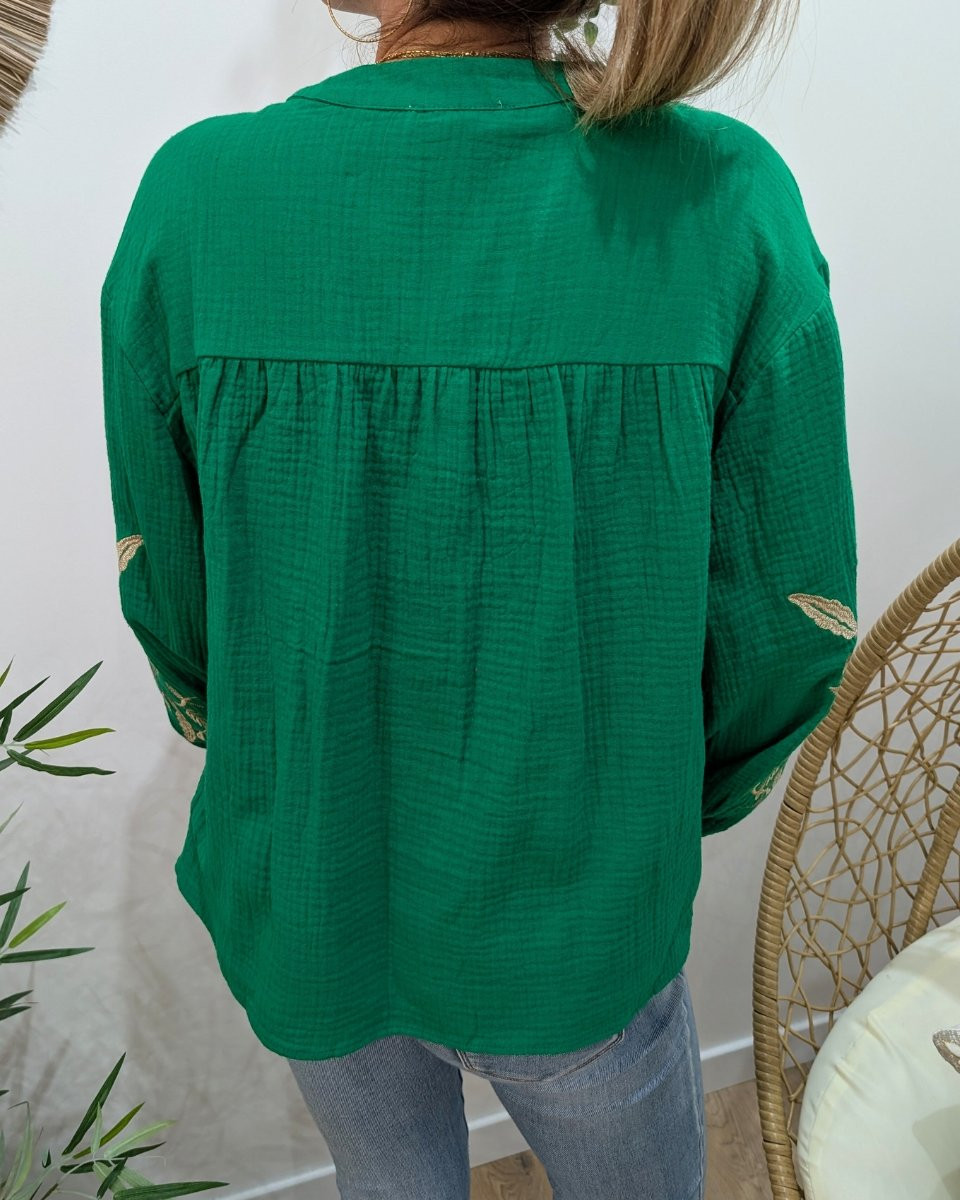 Chemisier femme vert coton gaze manches brodées fleurs dorées