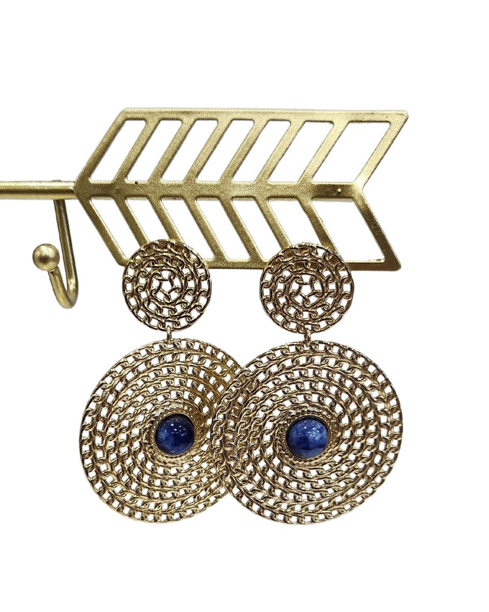 Boucles d'oreilles femme acier doré rond pierre lapis lazuli