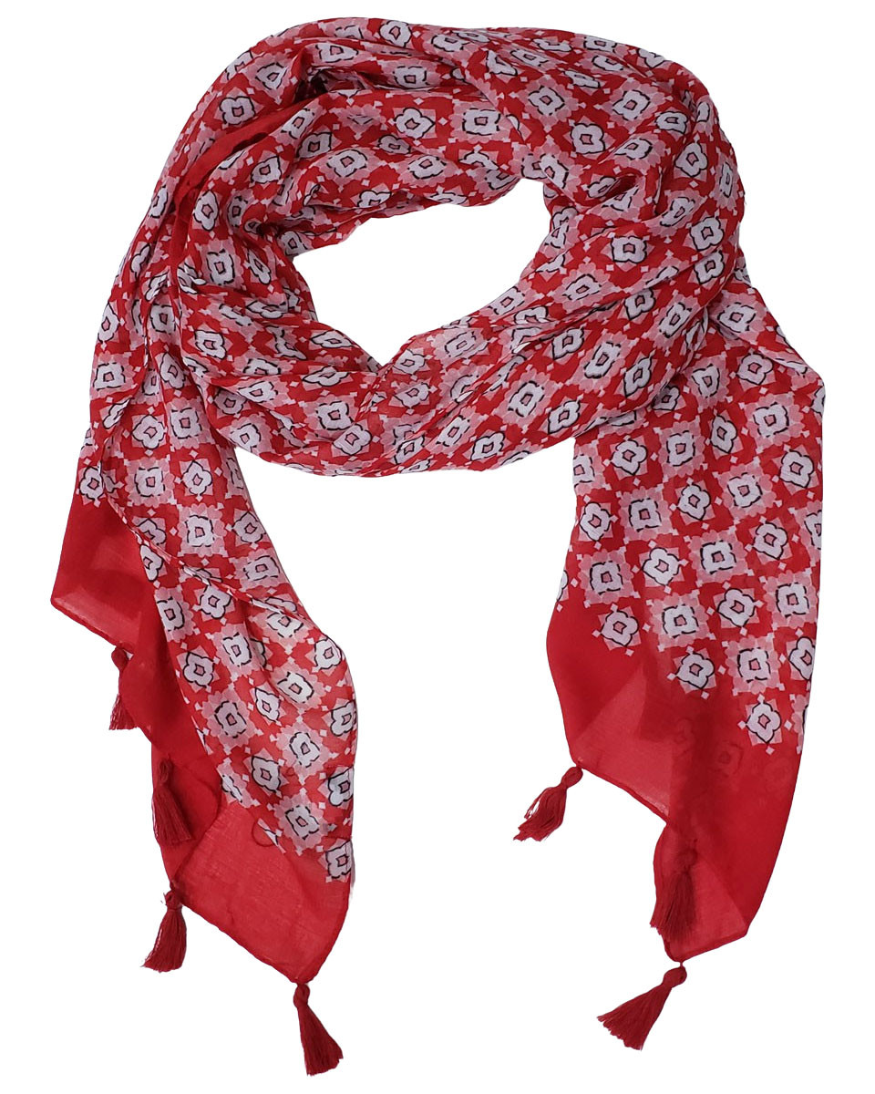 Echarpe rouge rose blanche à fleurs et pompons