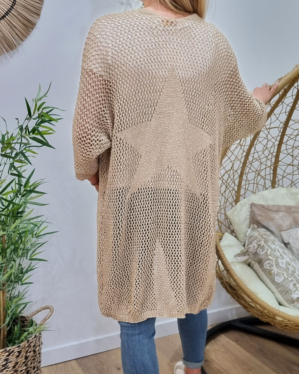 Gilet long crochet beige doré dos étoile