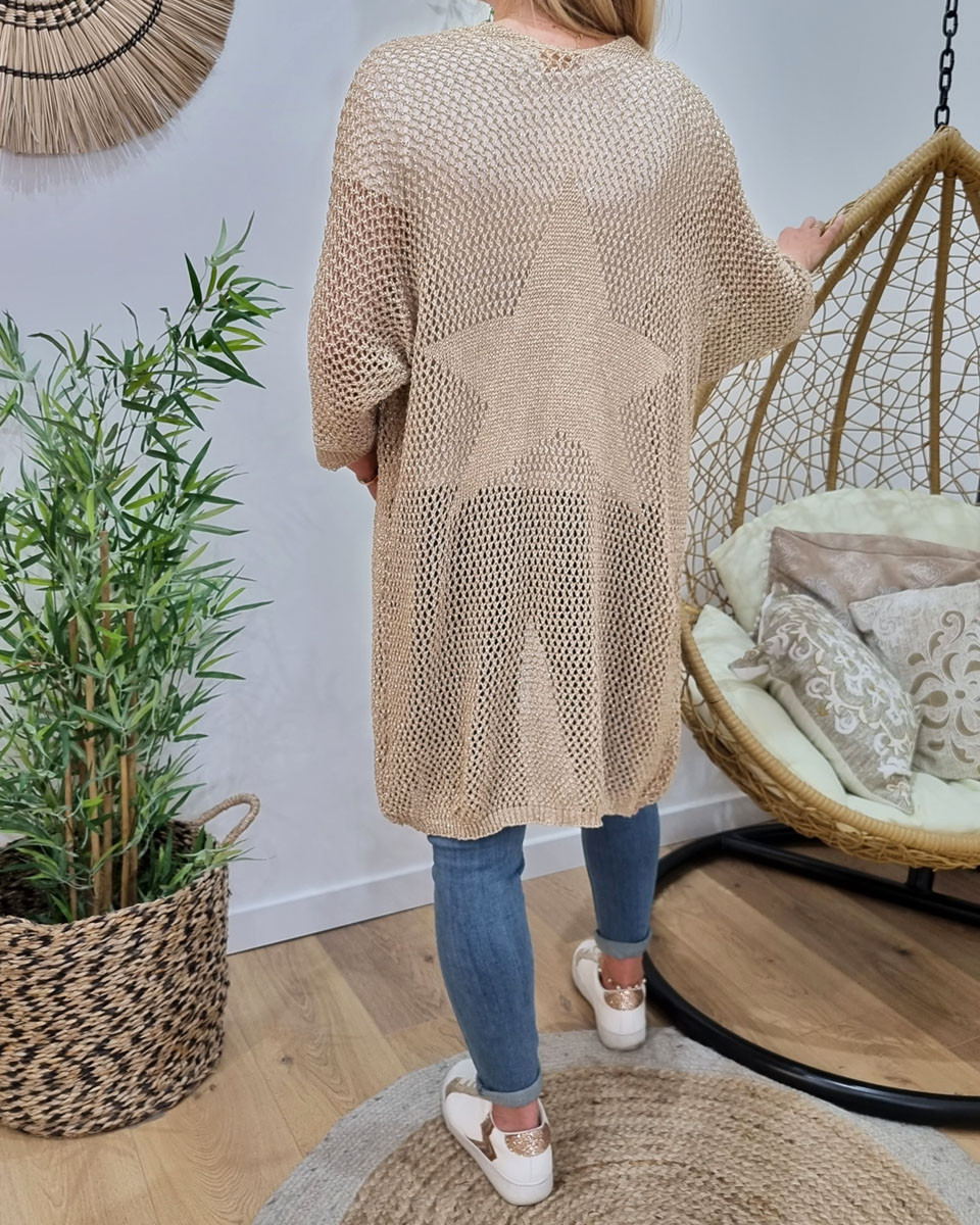 Gilet long crochet beige doré dos étoile
