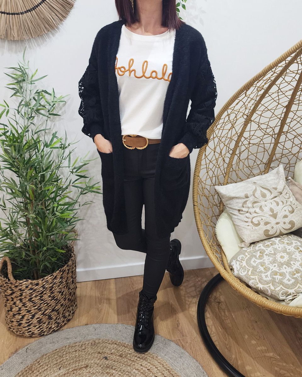 Gilet femme noir manches brodées Malya