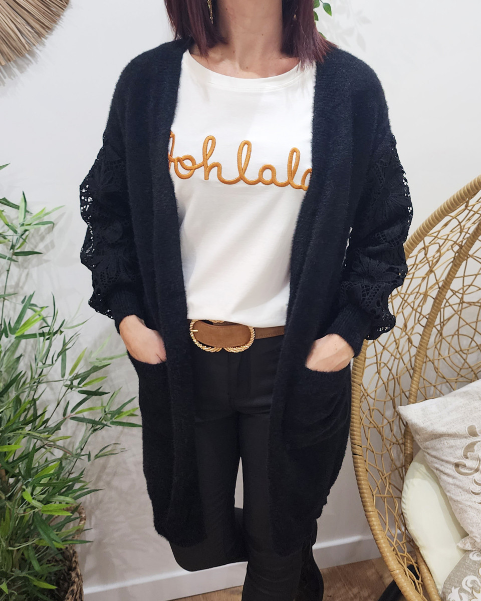 Gilet femme noir manches brodées Malya