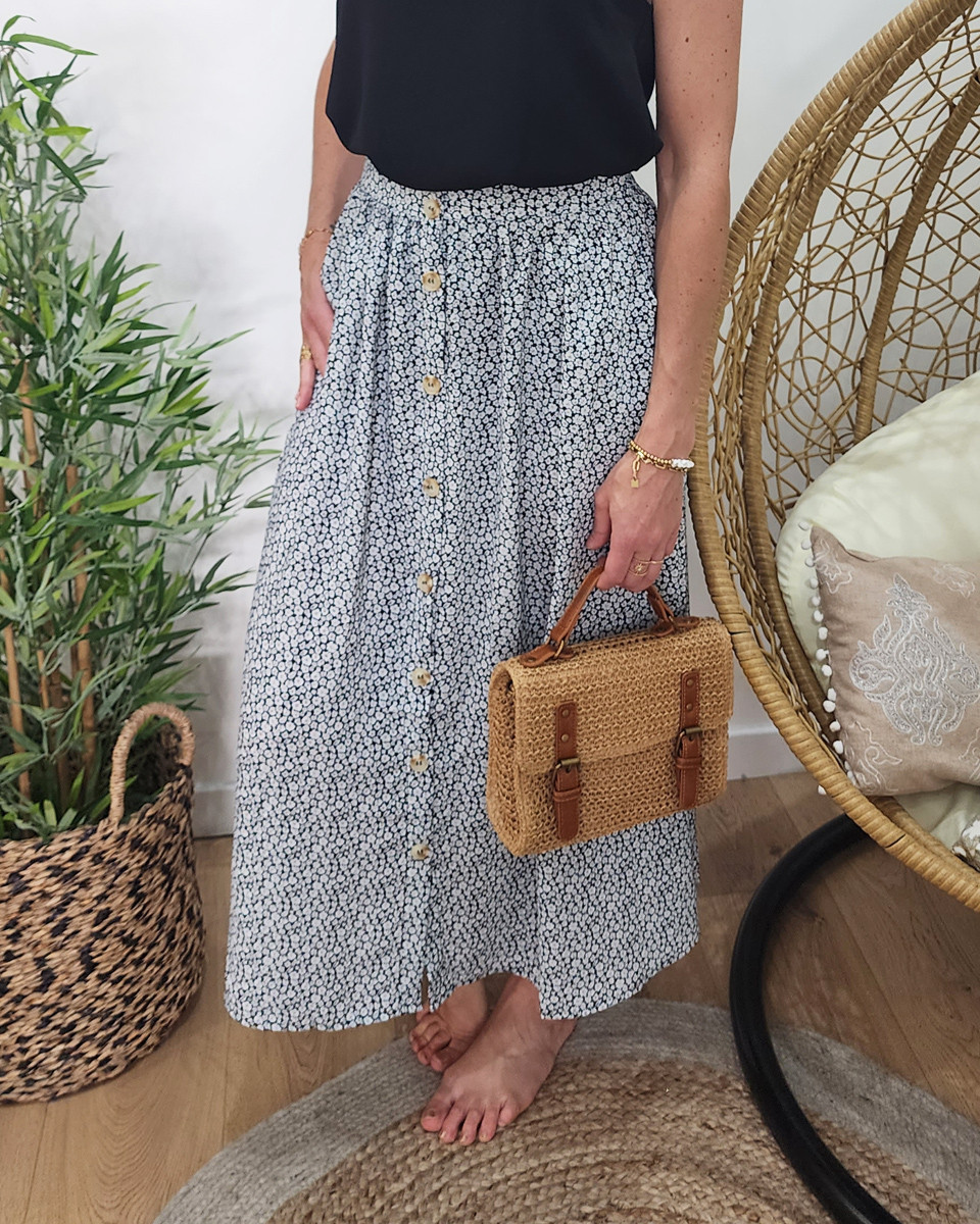 Jupe femme mi-longue boutonnée noire petites fleurs blanches