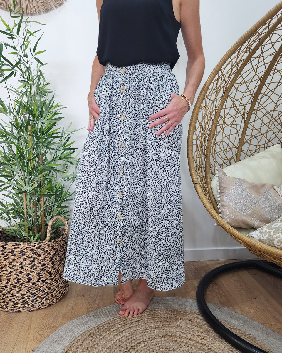 Jupe femme mi-longue boutonnée noire petites fleurs blanches