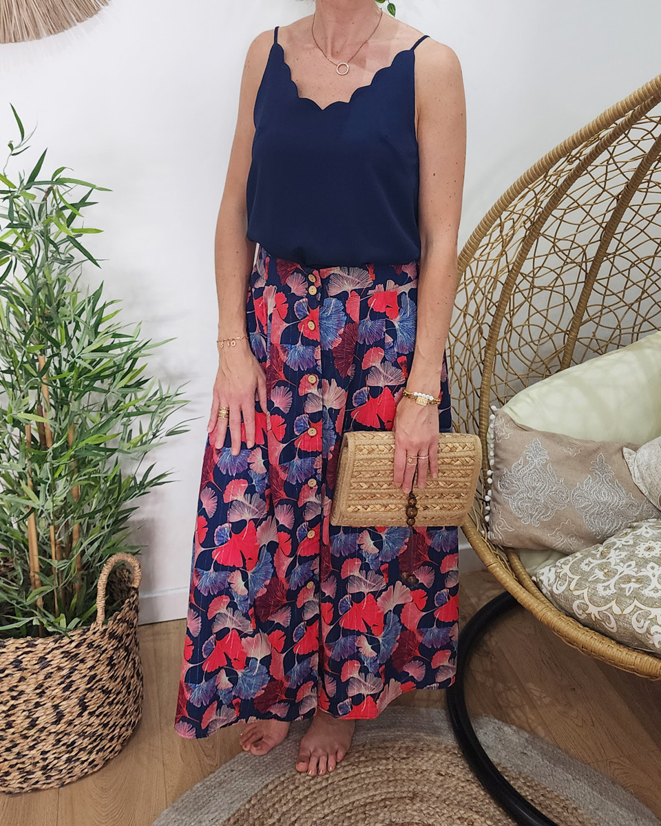 Jupe femme longue grande taille boutonnée liseré argent