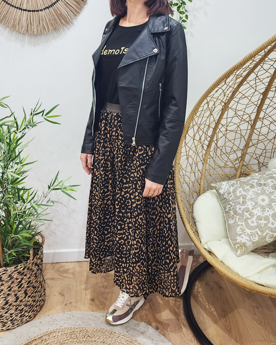 Jupe femme mi-longue léopard noire et marron Maïsane