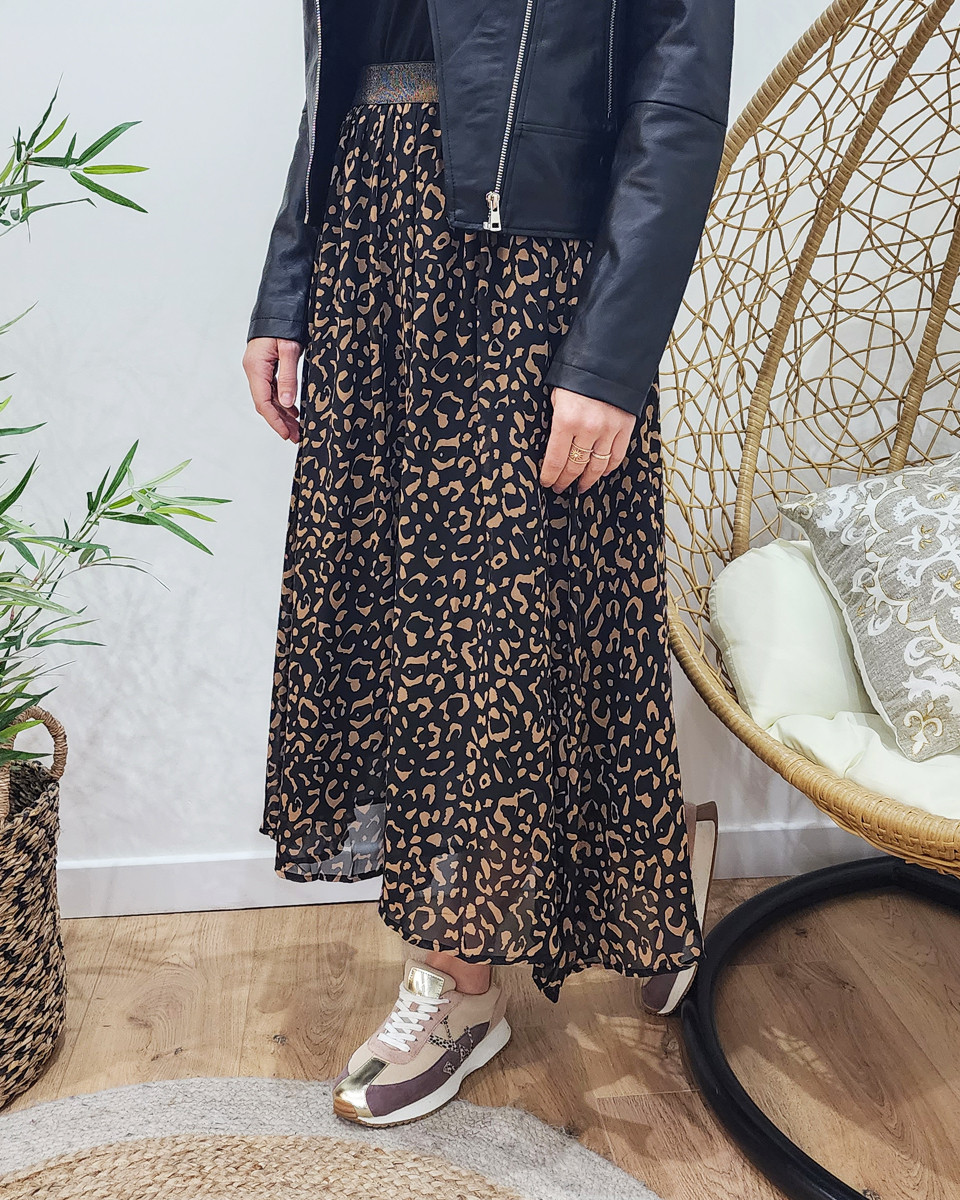 Jupe femme mi-longue léopard noire et marron Maïsane