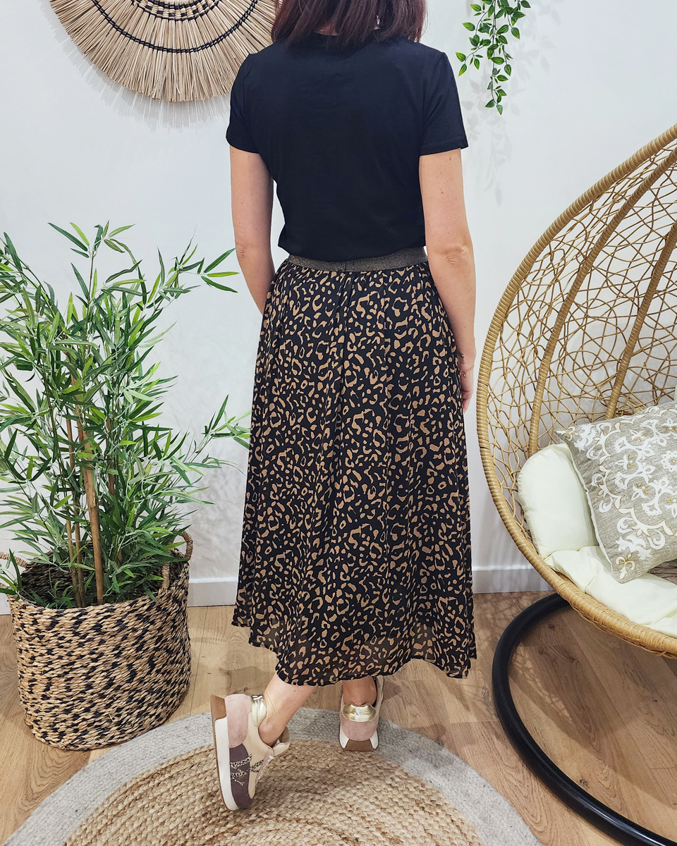 Jupe femme mi-longue léopard noire et marron Maïsane